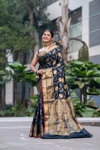Black banarasi art silk blend saree with golden floral motifs