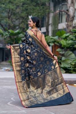 Black banarasi art silk blend saree with golden floral motifs 3