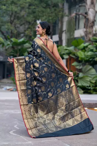 Black banarasi art silk blend saree with golden floral motifs