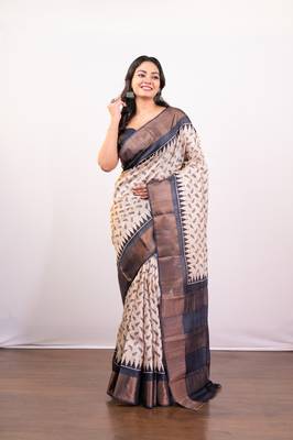 Offwhite and black  handloom tussar silk saree with golden zari border pallu 1