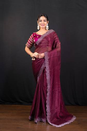 Wine jimmy choo saree with intricate silver embellishments and beautiful curve border