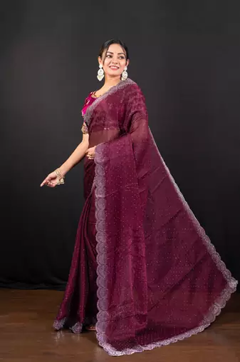 Wine jimmy choo saree with intricate silver embellishments and beautiful curve border