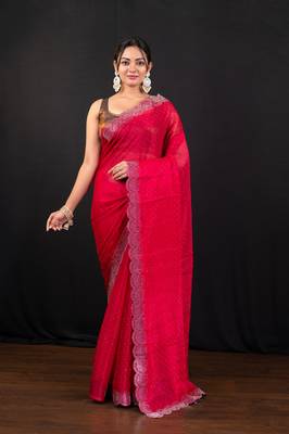 Red jimmy choo saree with intricate silver embellishments and beautiful curve border 1