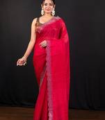 Red jimmy choo saree with intricate silver embellishments and beautiful curve border