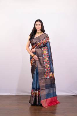 Slate grey handpainted  tussar silk saree 1