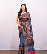 Slate grey handpainted pure tussar silk saree