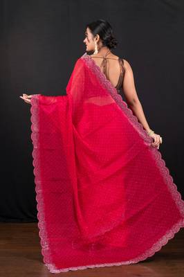 Red jimmy choo saree with intricate silver embellishments and beautiful curve border 3
