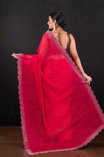 Red jimmy choo saree with intricate silver embellishments and beautiful curve border