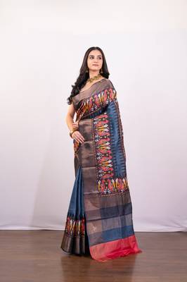 Slate grey handpainted  tussar silk saree 2