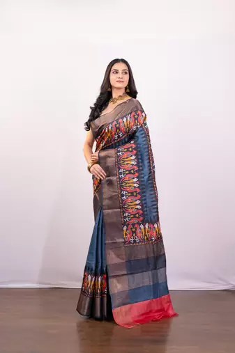 Slate grey handpainted  tussar silk saree