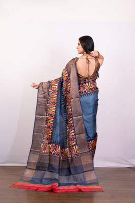 Slate grey handpainted  tussar silk saree 3