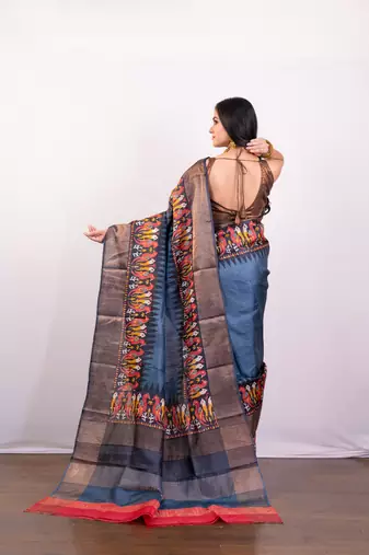 Slate grey handpainted  tussar silk saree