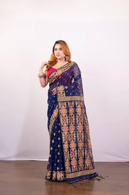 Navy blue cotton jamdani saree with beige  woven motifs 1