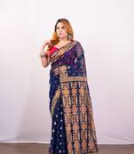 Navy blue cotton jamdani saree with beige  woven motifs