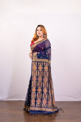 Navy blue cotton jamdani saree with beige  woven motifs 2