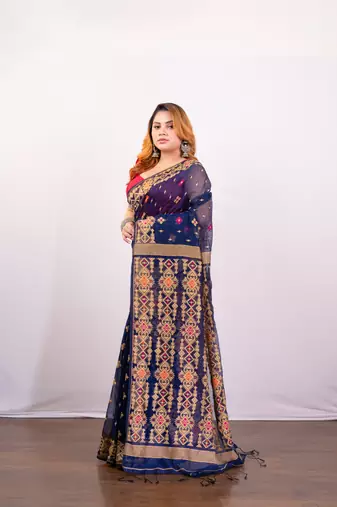 Navy blue cotton jamdani saree with beige  woven motifs