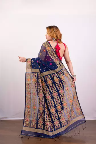 Navy blue cotton jamdani saree with beige  woven motifs