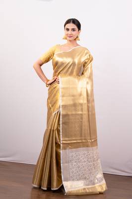 Gold tissue art silk saree with contrasting border 1