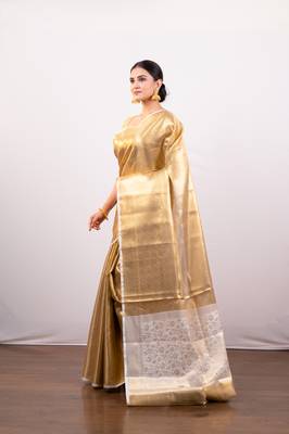Gold tissue art silk saree with contrasting border 2