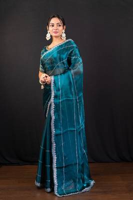 Teal blue jimmy choo saree with intricate silver embellishments and blouse 2