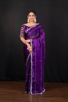 Dark purple jimmy choo saree with intricate silver embellishments and ready blouse 1