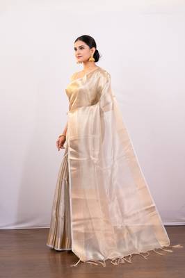 Golden beige tissue art silk saree with golden border 2