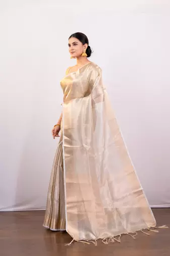 Golden beige tissue art silk saree with golden border