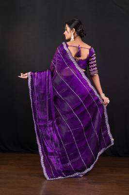 Dark purple jimmy choo saree with intricate silver embellishments and ready blouse 3