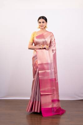 Gold and pink dual tone  tissue art silk saree with delicate self-border 1
