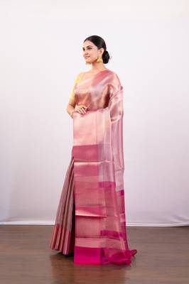 Gold and pink dual tone  tissue art silk saree with delicate self-border 2