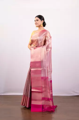 Gold and pink dual tone  tissue art silk saree with delicate self-border