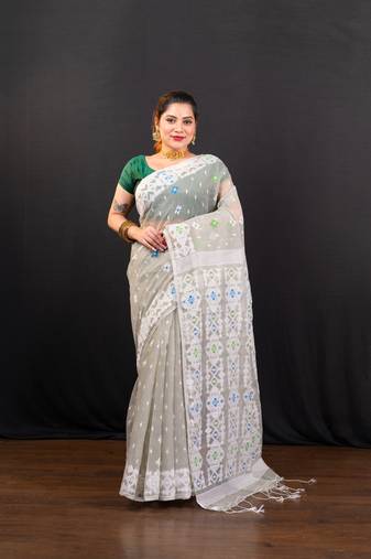 Grey cotton jamdani saree with offwhite  woven motifs