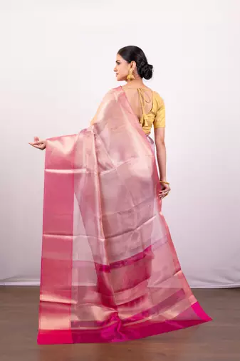 Gold and pink dual tone  tissue art silk saree with delicate self-border