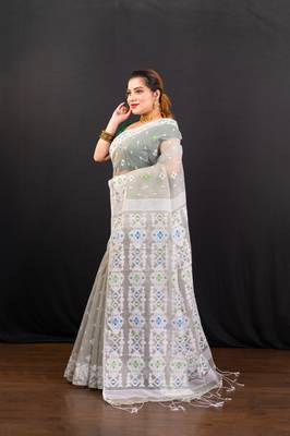 Grey cotton jamdani saree with offwhite  woven motifs 2