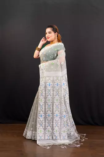Grey cotton jamdani saree with offwhite  woven motifs