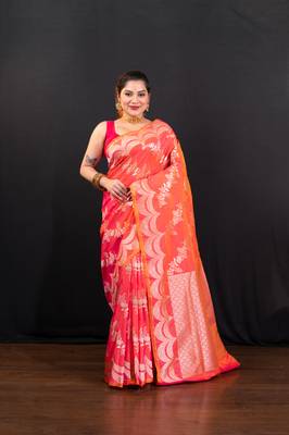 Pink dual toned  banarasi katan silk blend saree with silver zari necklace border and floral motifs 1