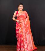 Pink dual toned pure banarasi katan silk saree with  silver zari necklace border and floral motifs