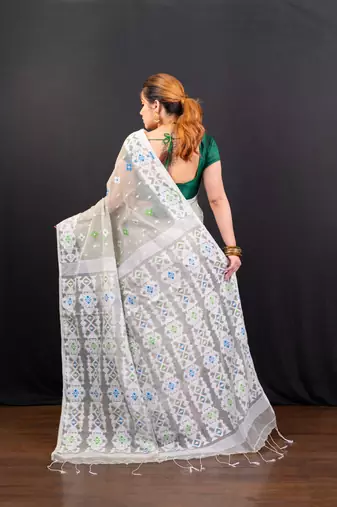 Grey cotton jamdani saree with offwhite  woven motifs
