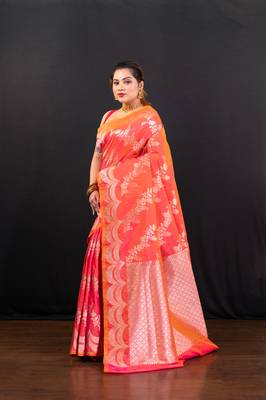 Pink dual toned  banarasi katan silk blend saree with silver zari necklace border and floral motifs 2
