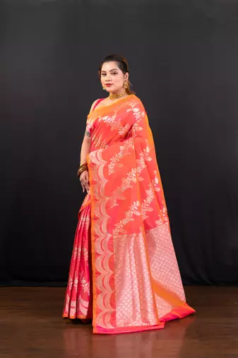 Pink dual toned  banarasi katan silk blend saree with silver zari necklace border and floral motifs
