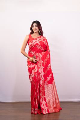 Red pure banarasi katan silk saree with  silver zari necklace border and floral motifs 1