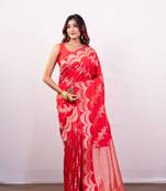 Red pure banarasi katan silk saree with  silver zari necklace border and floral motifs