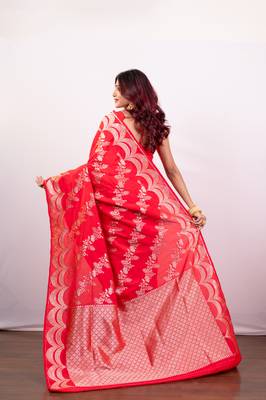 Red pure banarasi katan silk saree with  silver zari necklace border and floral motifs 3