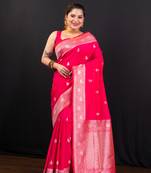 Pink pure banarasi katan silk saree with silver zari booti and border pallu