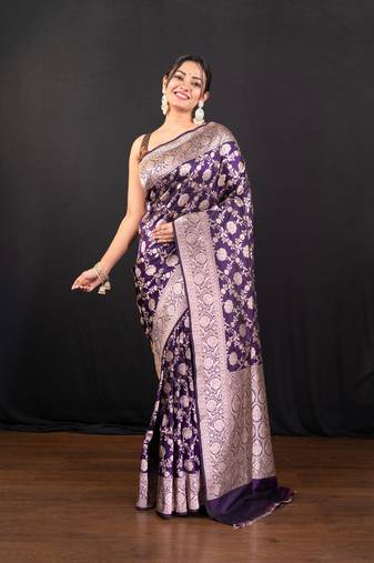Purple pure banarasi katan silk saree with silver zari jaal motifs  and border