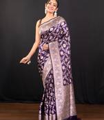 Purple pure banarasi katan silk saree with silver zari jaal motifs  and border