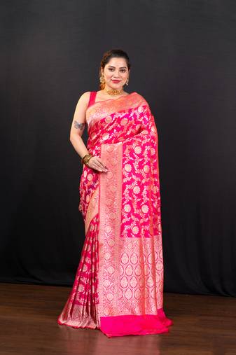 Pink pure banarasi katan silk saree with silver zari jaal motifs  and border