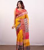 Yellow handpainted pure tussar silk saree with red alpana design and multi pallu