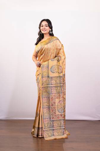Beige handpainted pure bishnupur katan silk saree
