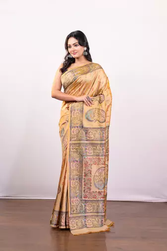 Beige handpainted  bishnupur katan silk blend saree